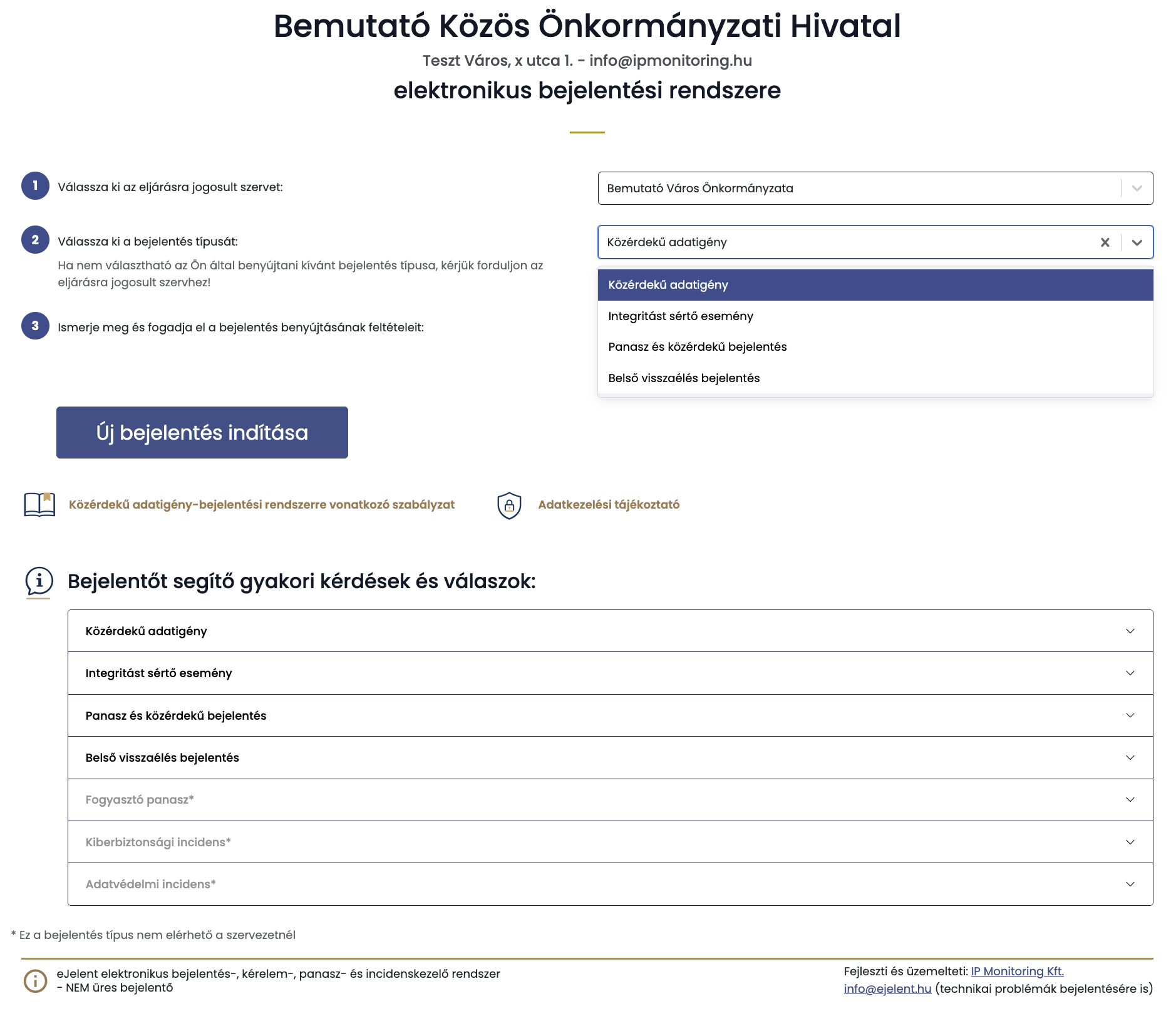 Képernyőkép eJelent elektronikus bejelentő rendszer bejelentő űrlapjáról